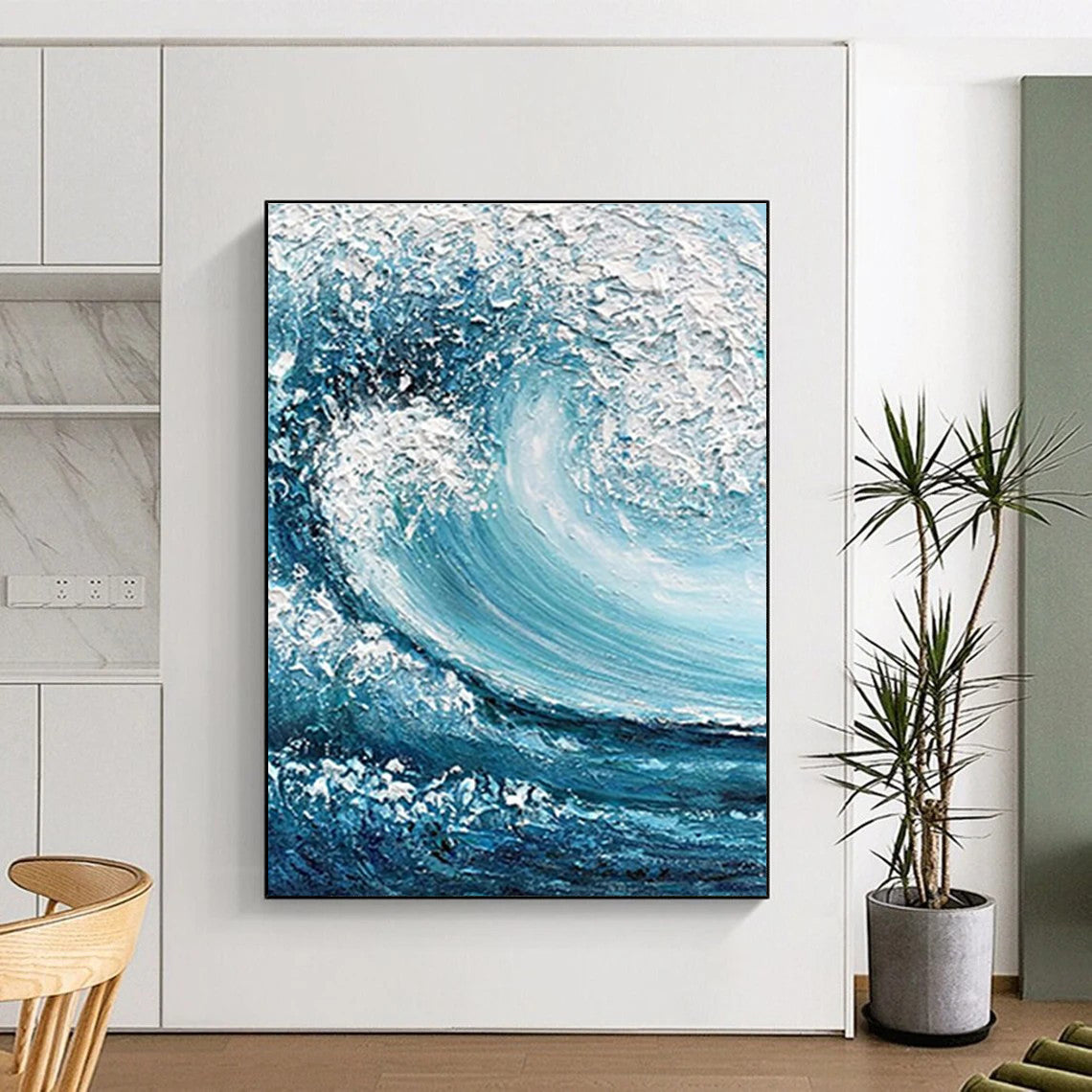 Blue and White Turbulent Wave Abstract Painting ADGE322
