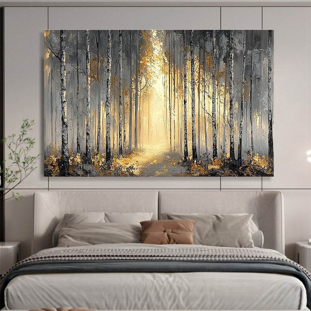 Misty Forest Abstract Painting with Grey and Gold Tones THY159