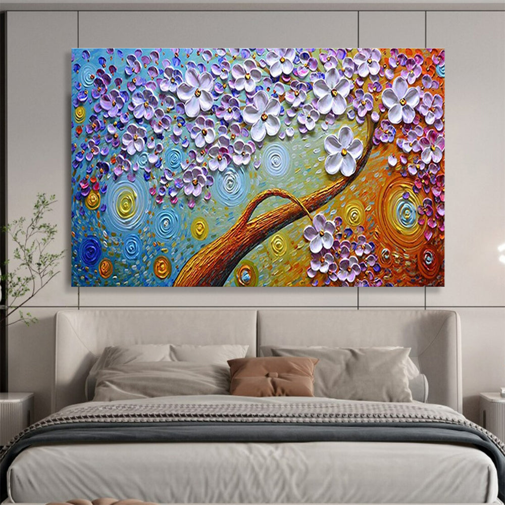 Starry Flower Tree Abstract Painting with Purple, Blue, and Gold Tones THY217