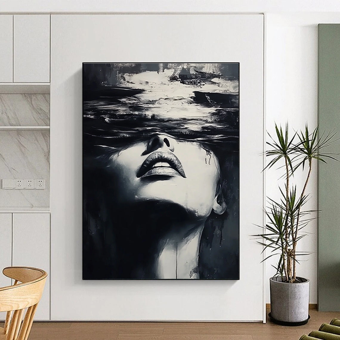 A large abstract painting of a woman's face emerging from water in dynamic black and white brushstrokes inspired by Yoji Shinkawa and Dominik Mayer.STSC1385