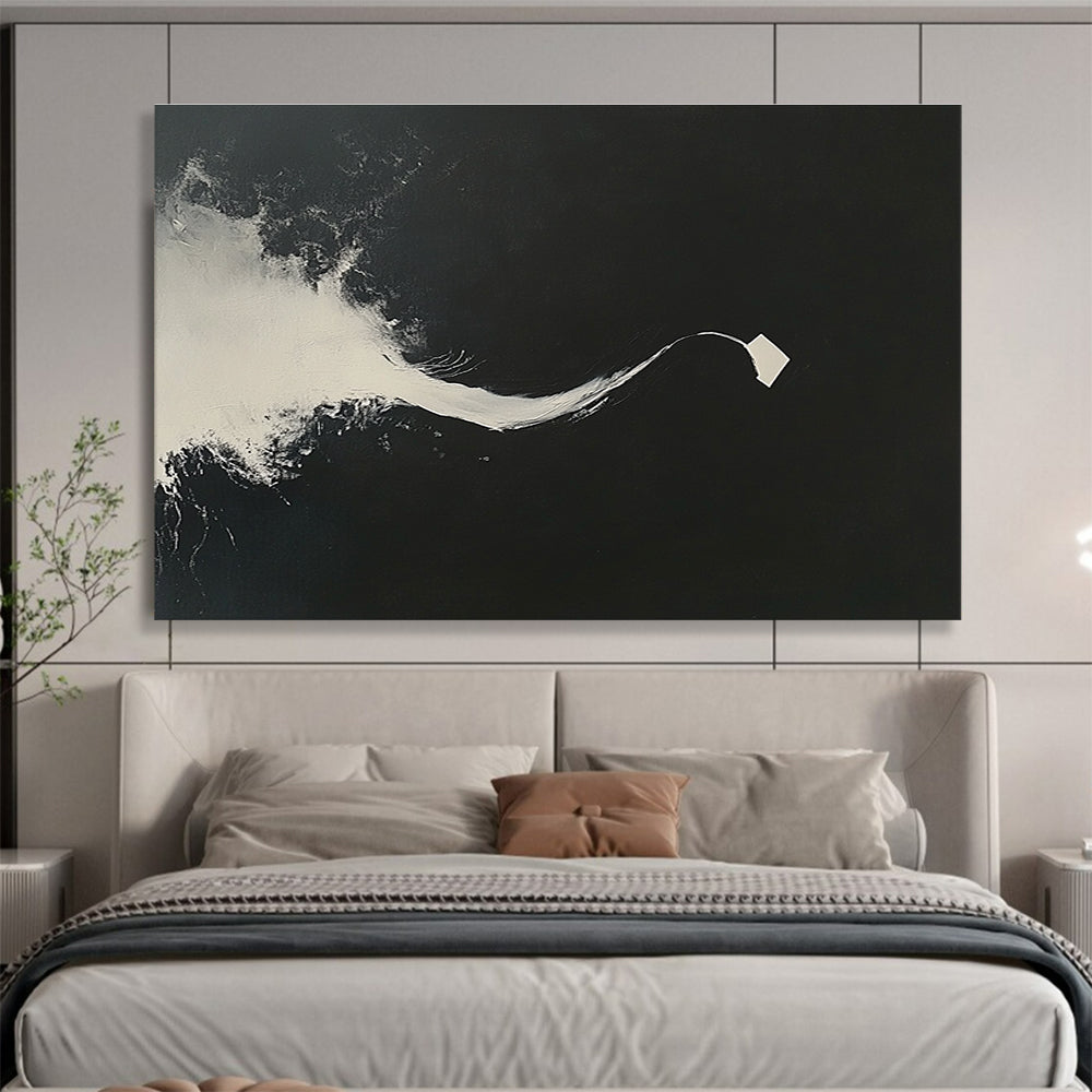 Large abstract painting features white brush strokes on a black background highlighting a curved line and a single floating paper piece.SC096
