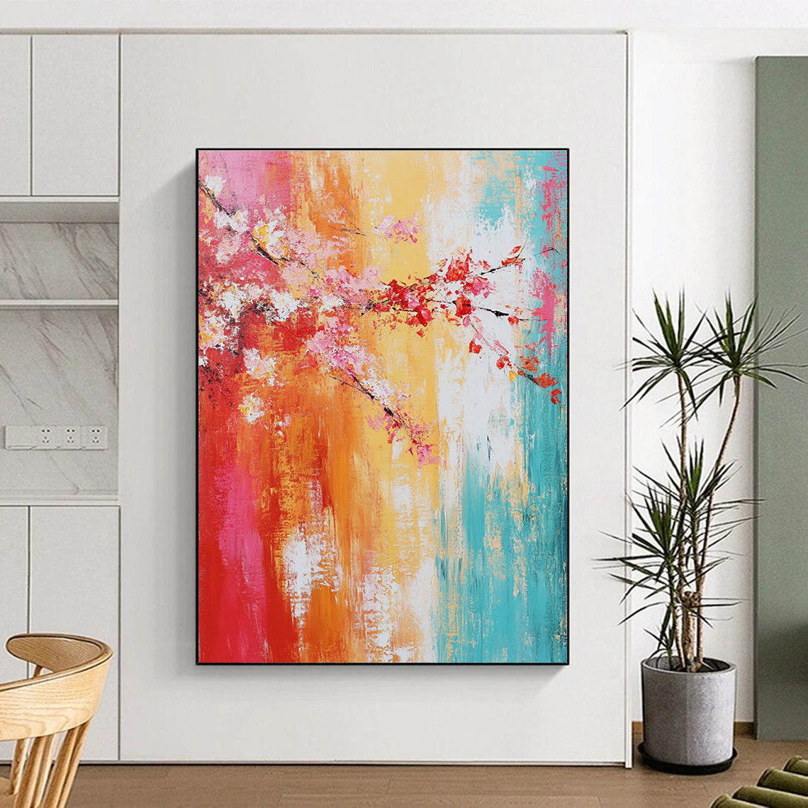 Large abstract painting on textured canvas showcasing vibrant warm colors and soft brush strokes for emotional expressionism.STSC373