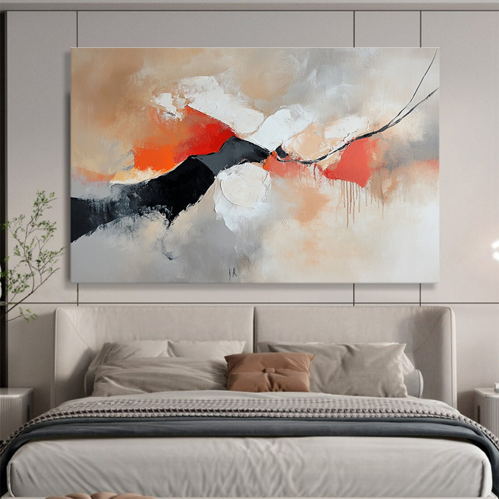 Large abstract painting featuring warm colors and soft shapes on a gray background with emotional expressions in red orange and black tones.SC265