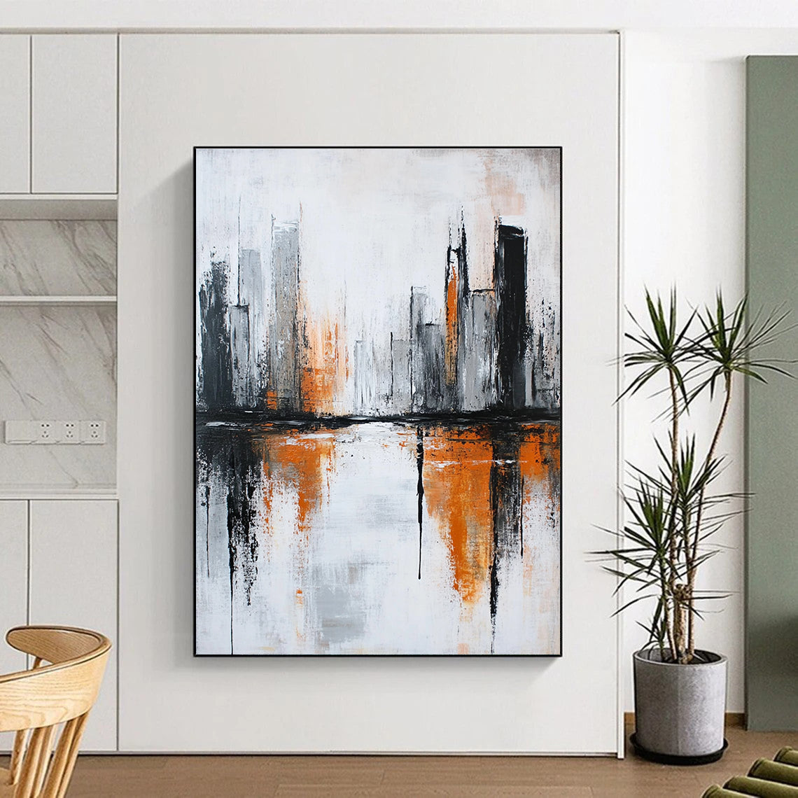 Large abstract painting featuring a river in an urban landscape with orange and gray accents highlighting themes of decay and modern art.STSC406