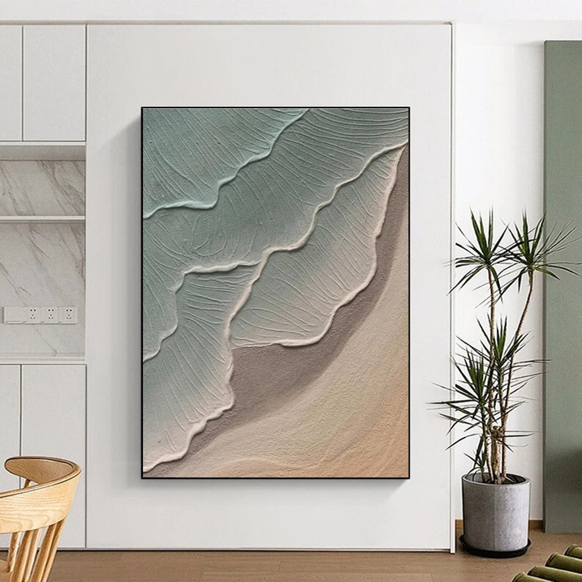 Green and Beige Textured Abstract Painting with Wave - like Forms ADGE519