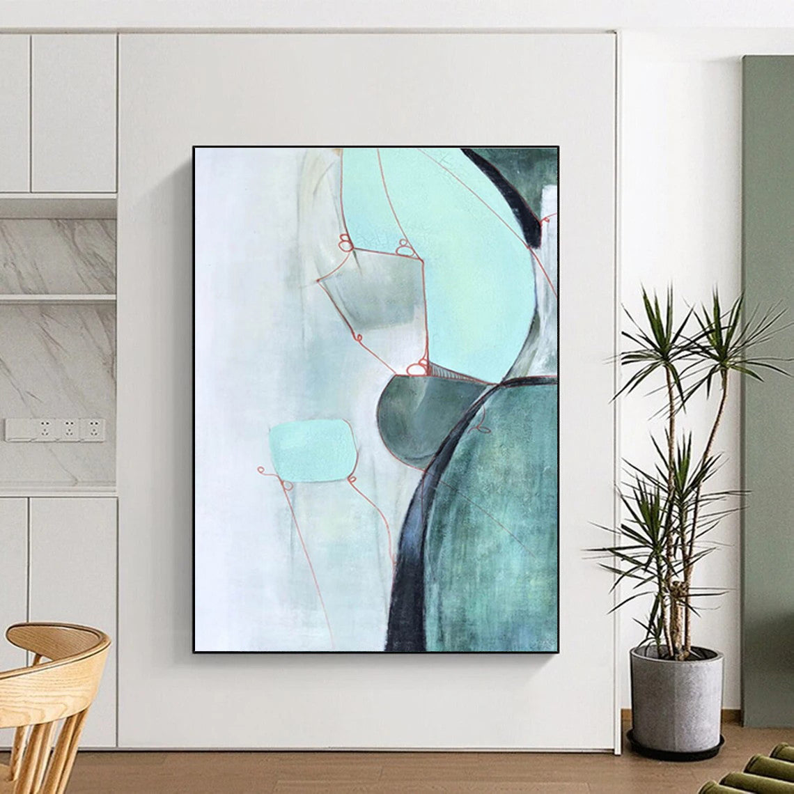 Mint Green and Red Line Abstract Painting ADGE250