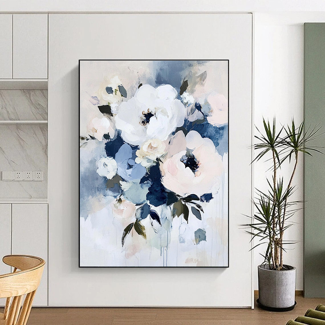 Large abstract floral painting in soft shades of white blue pink and green evokes tranquility and romance with an elegant bouquet composition.STSC054