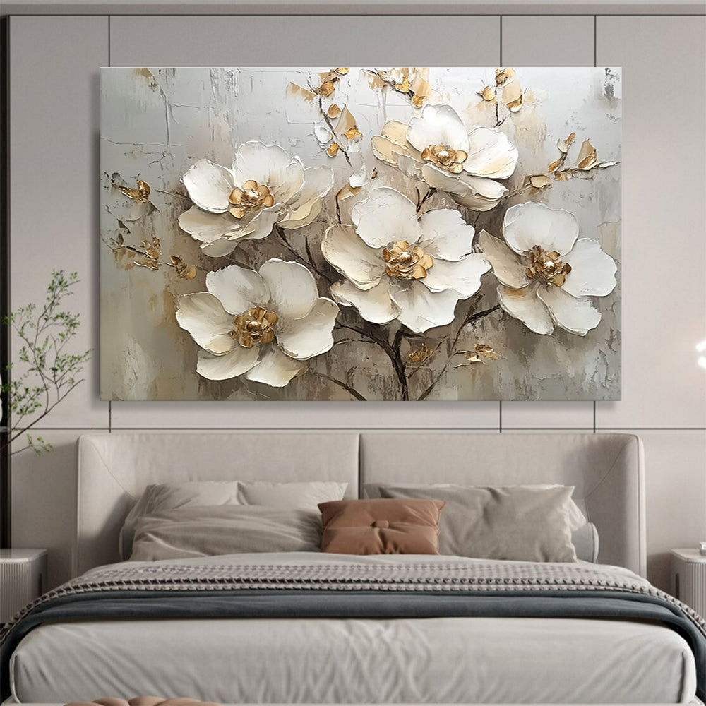 A large abstract painting featuring white flowers with gold accents on a white background, showcasing elegant details and soft lighting in a neutral palette.SC623