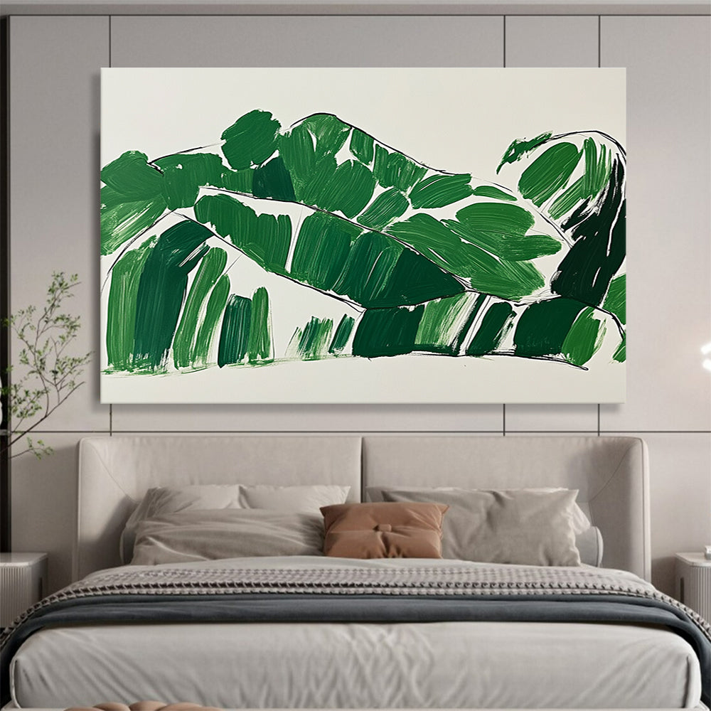 A large abstract painting featuring green leaves in the shape of a woman lounging on a couch with minimalist brush strokes on a white background.SC551
