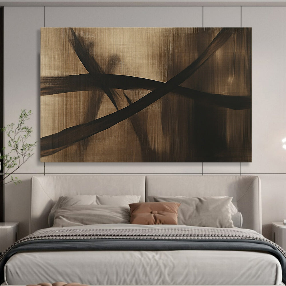 Large abstract painting in brown and black tones featuring a dragonfly silhouette and flowing lines on a dark gray background, exuding mystery and simplicity.SC586