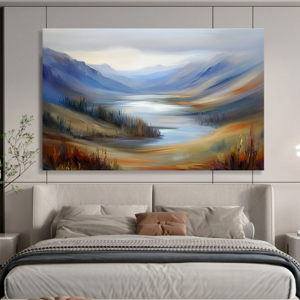 Mountain Lake Abstract Painting with Blue and Brown Tones DYP560