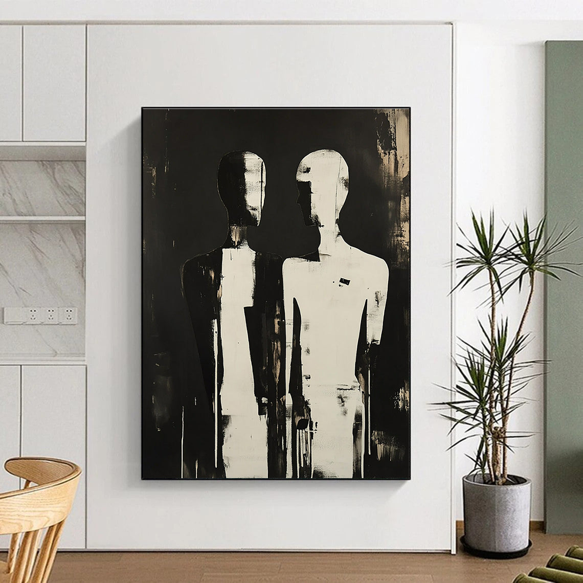 A large abstract painting featuring two silhouetted figures with elongated and featureless heads, evoking mystery and emotional connection against a dark backdrop.STSC908