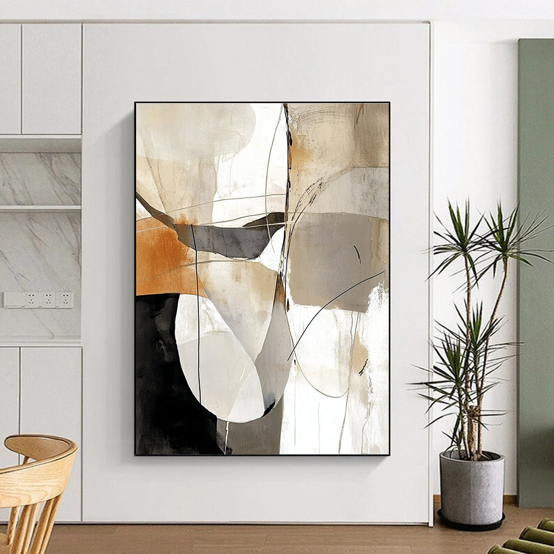Large abstract painting featuring white black gray and beige lines with brown and light orange accents on a clean white background.STSC438