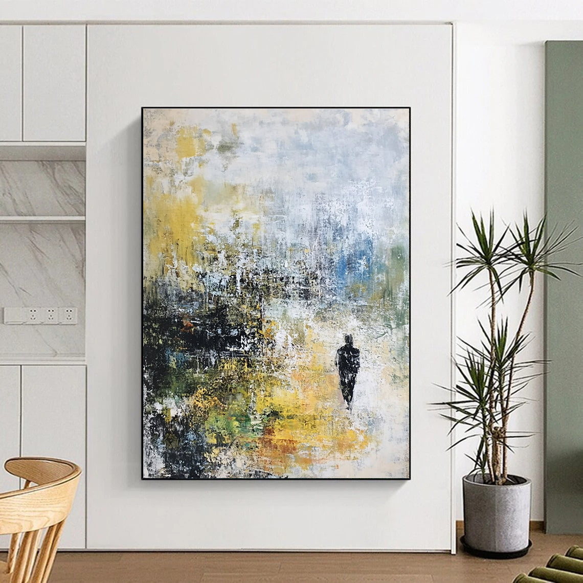 Large abstract painting on canvas with textured layers in pastel tones depicting a serene landscape under rain.STSC237