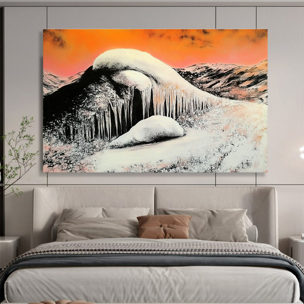 Orange Sky Snowy Mountain Abstract Painting with Icicles DYP160