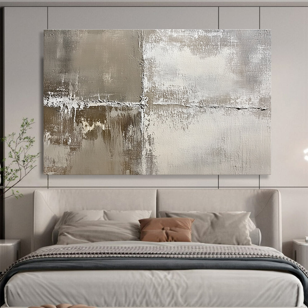 Abstract painting featuring an aged textured canvas in soft neutral tones evoking nostalgia with weathered effects of grays and whites.SC445