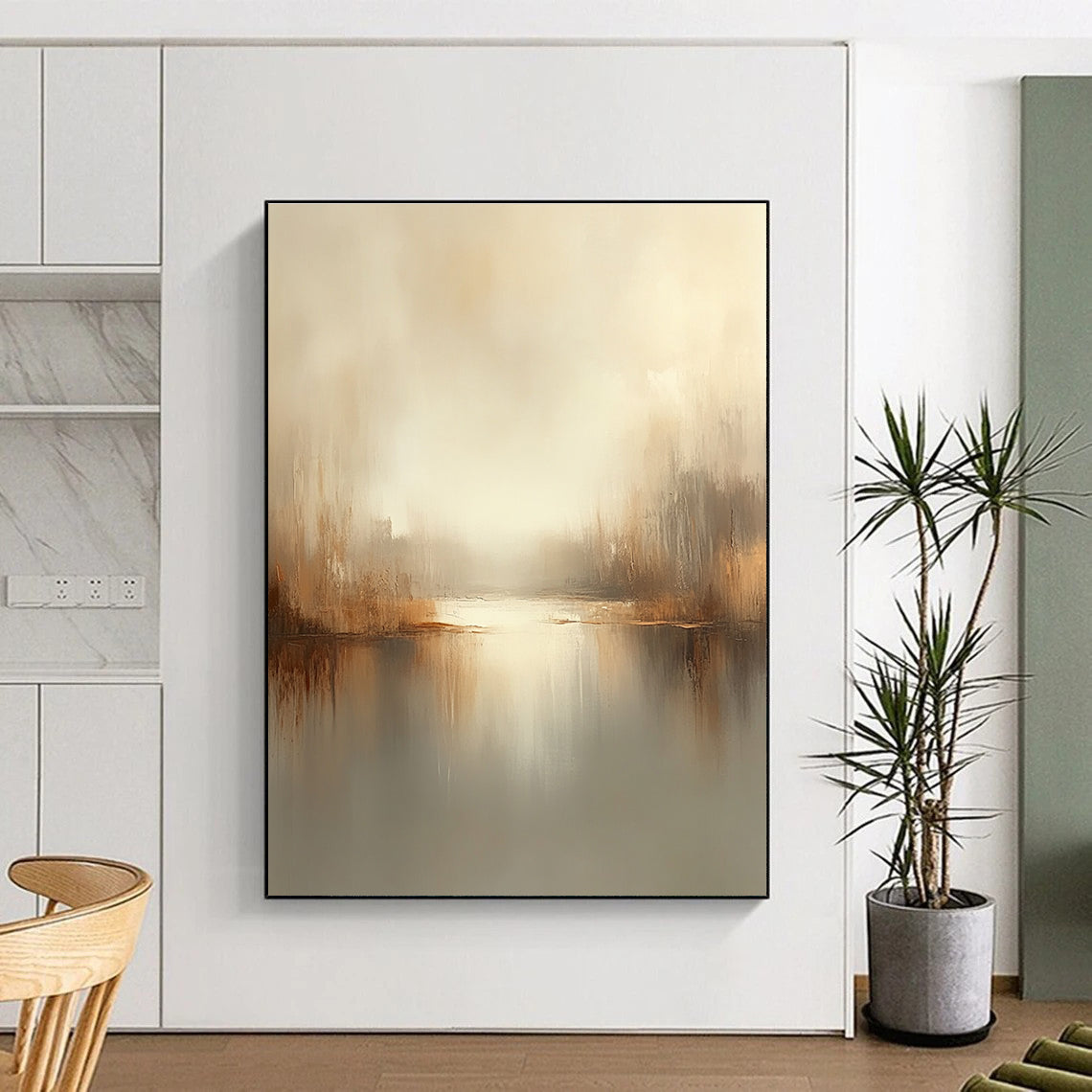 Large abstract painting in soft beige and gray tones with blurred edges and tranquil mood creates a serene atmosphere for modern art lovers.STSC102