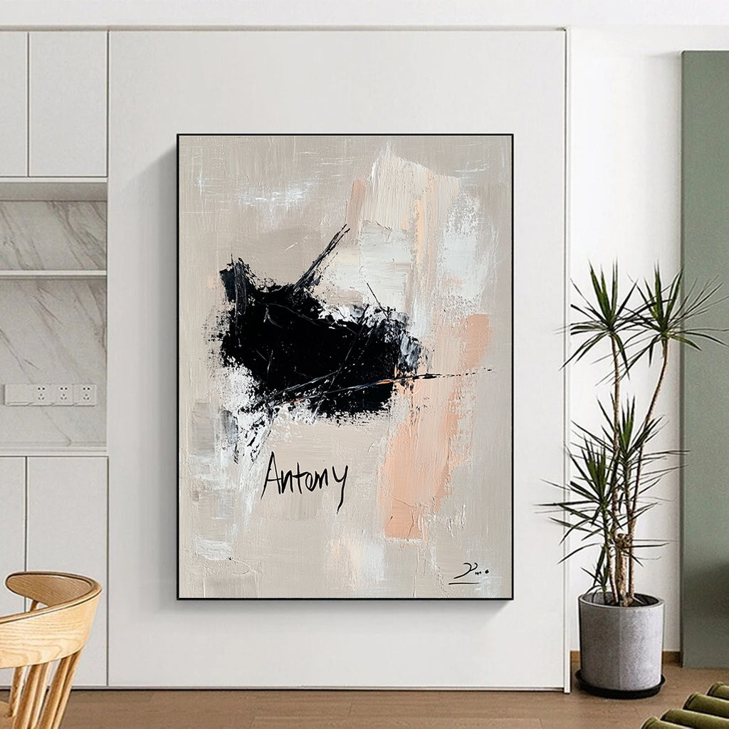 Large abstract oil painting features a black and white impasto cat with neutral tone text on a soft gray background, exuding modern elegance.STSC1088