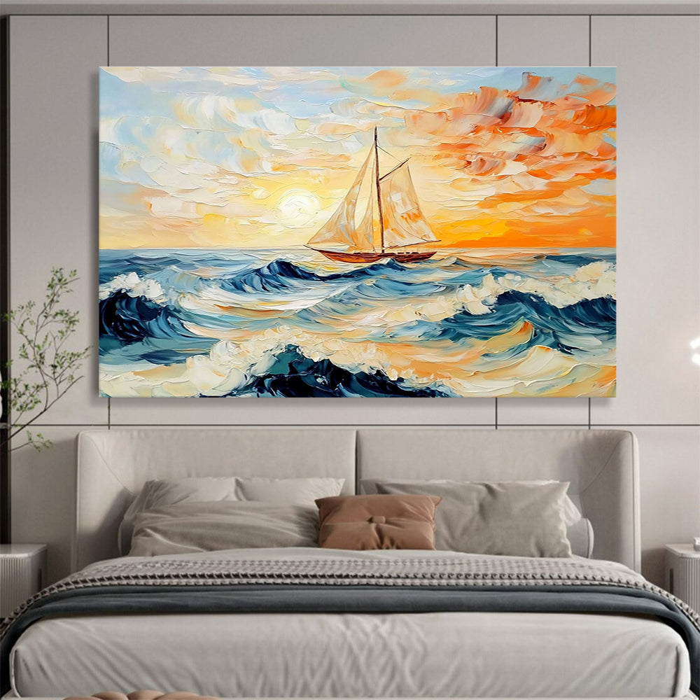 An abstract painting of the sea features an old sailboat at sunset with vibrant orange and blue hues and dynamic waves, inviting oceanic tranquility.SC419