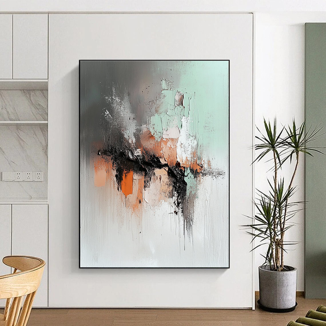 Large abstract painting featuring soft gray mint green and rust orange with a dark brown lava flow and a blurred silhouette walking away.STSC795