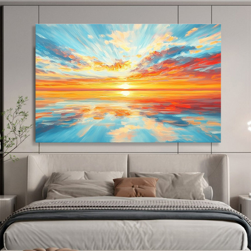 A stunning abstract painting of an endless horizon with a vibrant sunset and colorful reflections on calm waters. Perfect for home decor.SC403