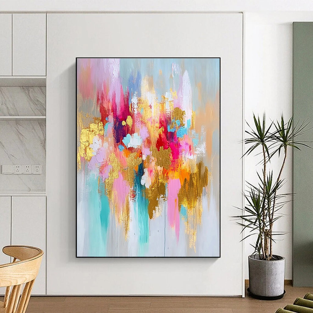 Pink Gold and Blue Abstract Painting with Floral Inspirations GER675