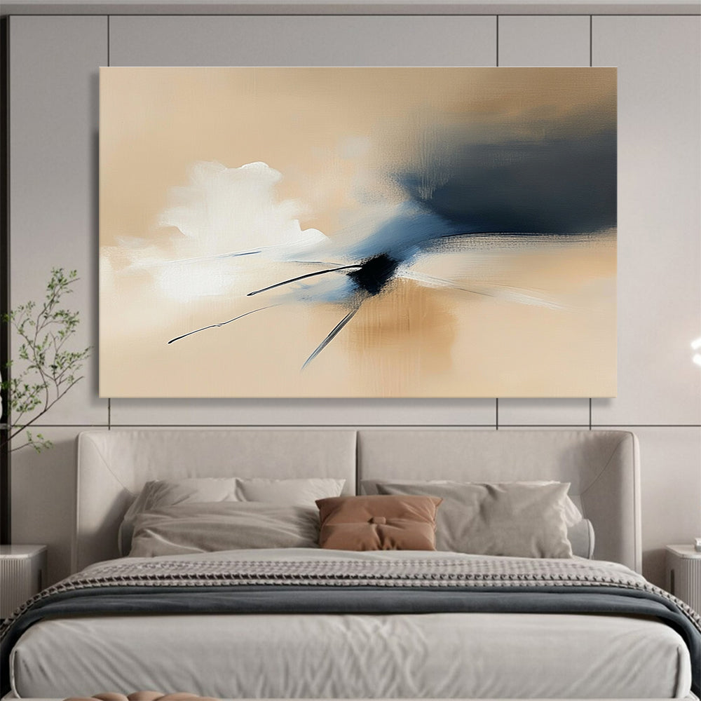 Large abstract painting featuring ethereal cloud forms in beige and blue tones with smooth brushwork and soft edges.SC178