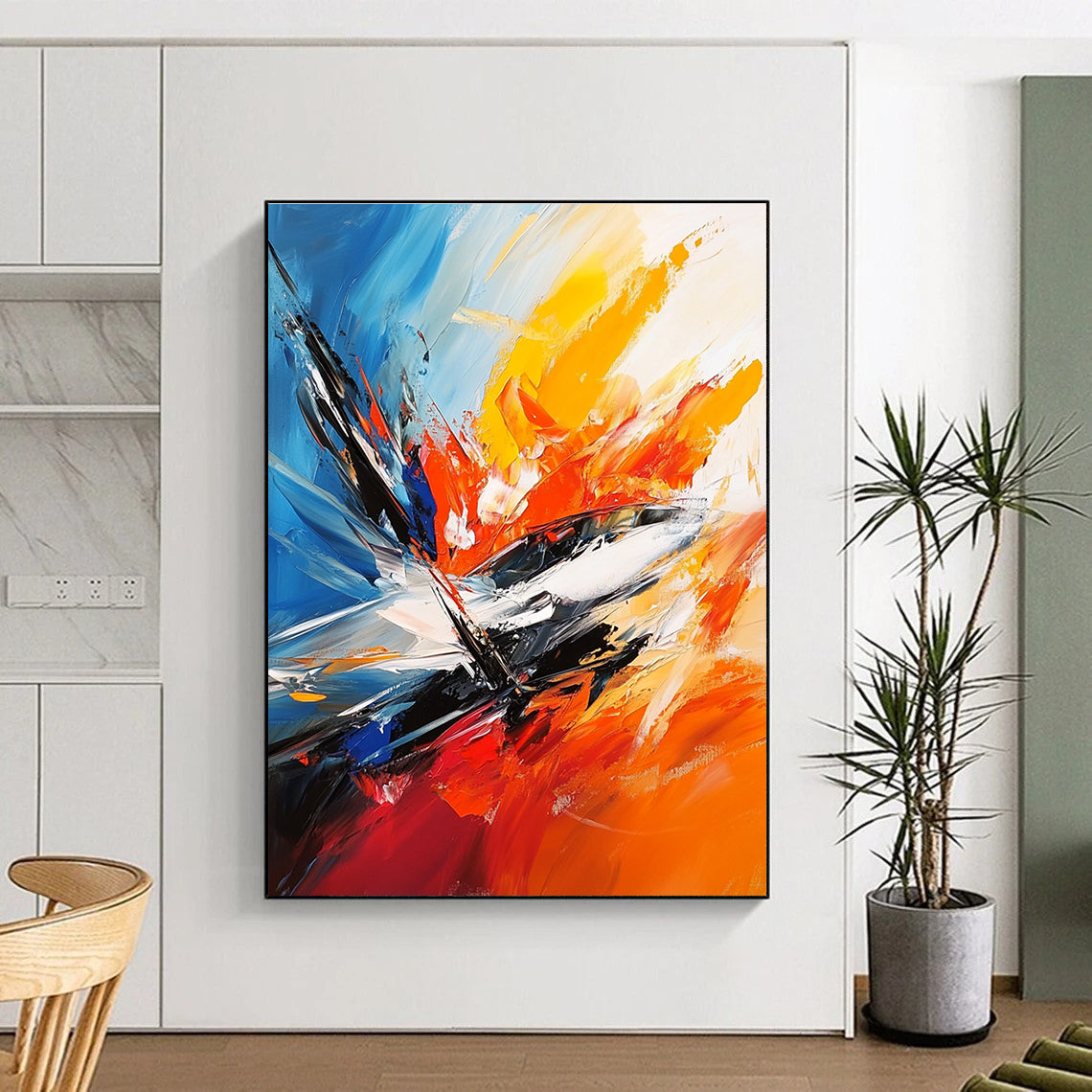 Large abstract painting featuring the F-20 fighter jet in a vibrant action scene with chaotic brush strokes and dynamic colors.STSC703