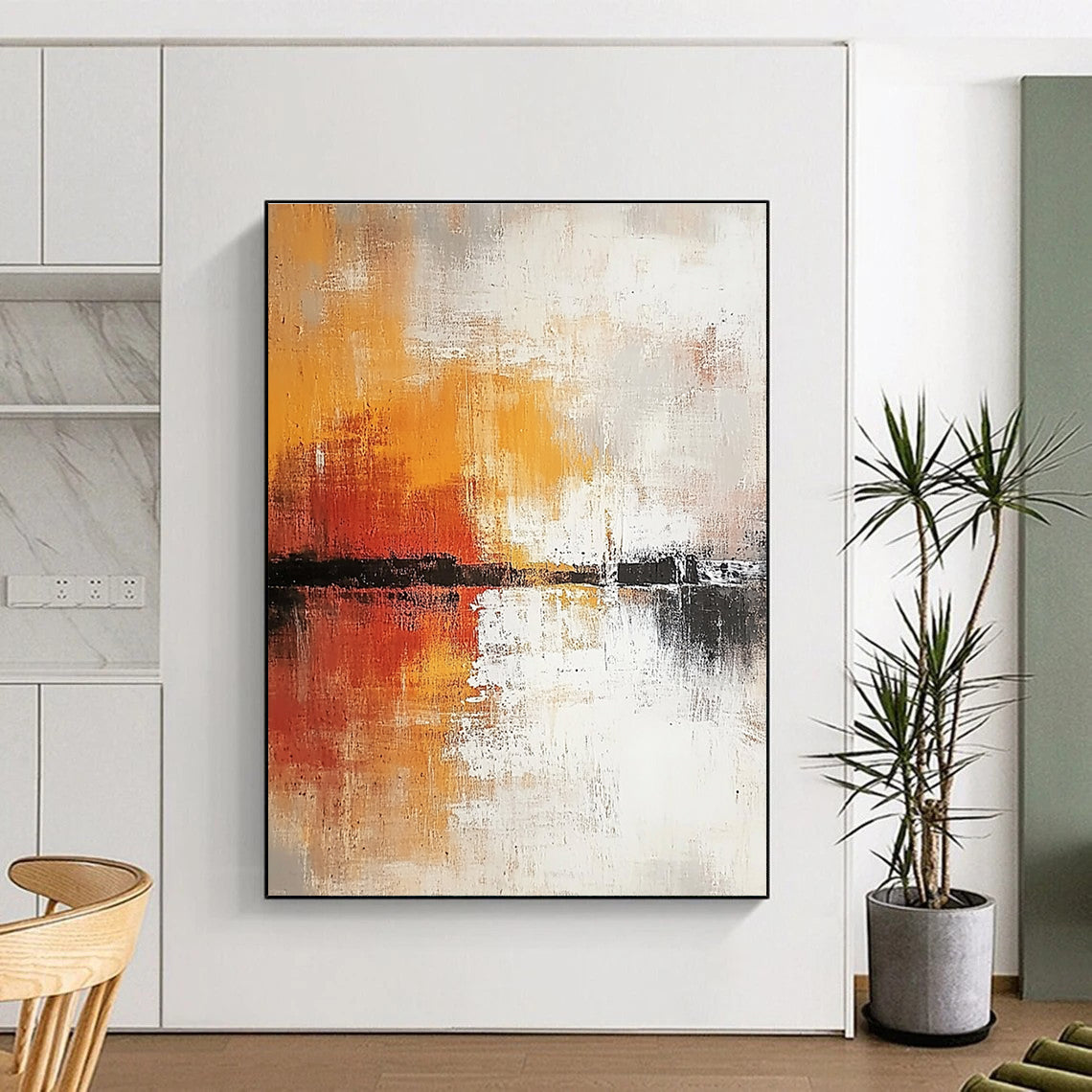 Large abstract painting in soft white and grey tones with warm orange and yellow accents featuring expressive brush strokes and rich texture.STSC813