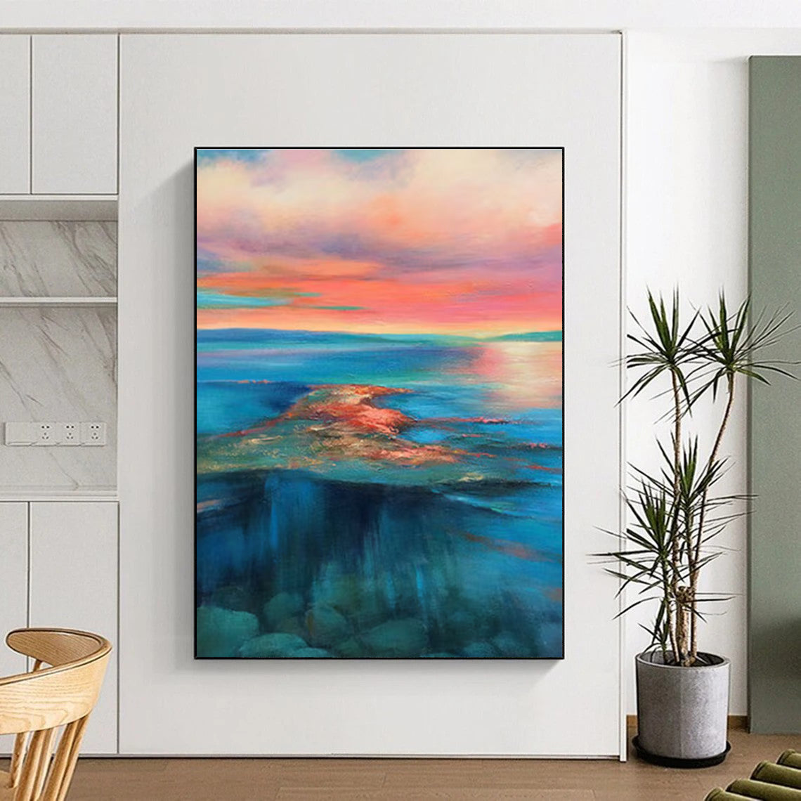 Pink and Blue Sunset Sea Abstract Painting for Relaxing Corners ADGE051