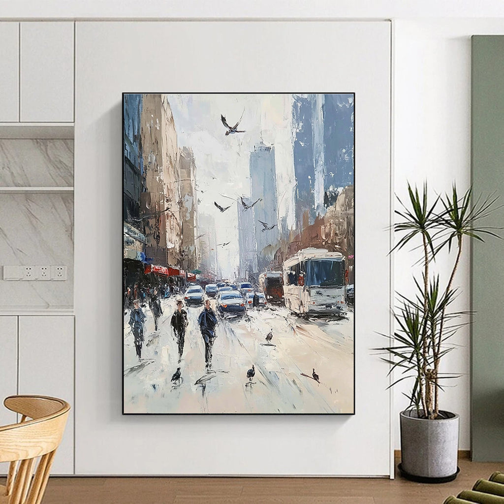 Vibrant abstract painting depicting a bustling city street with people cars and tall buildings in soft pastel colors and impressionist style.STSC930