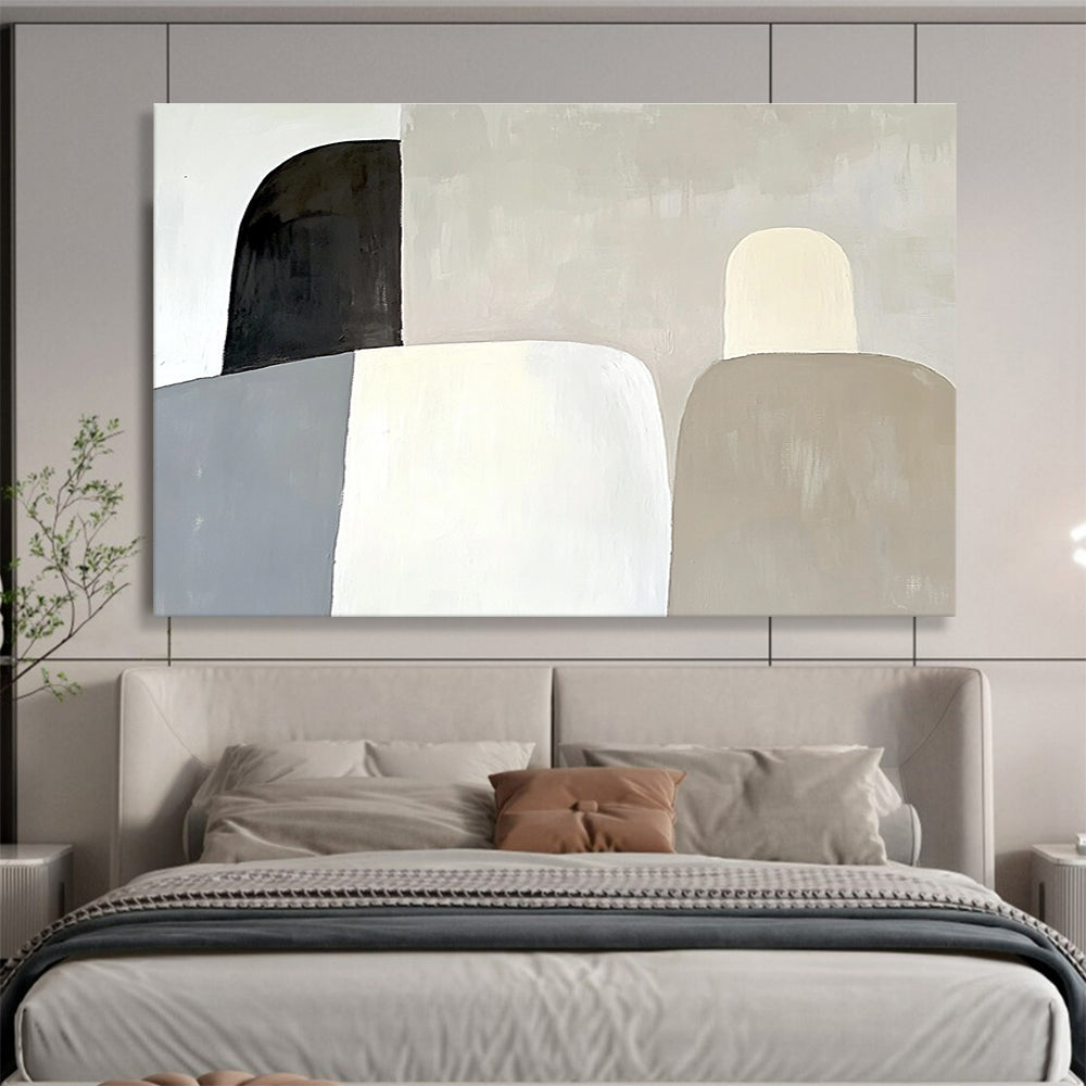 Large abstract painting featuring soft gray shapes against a white background with subtle forms and elegant modern aesthetic.SC589