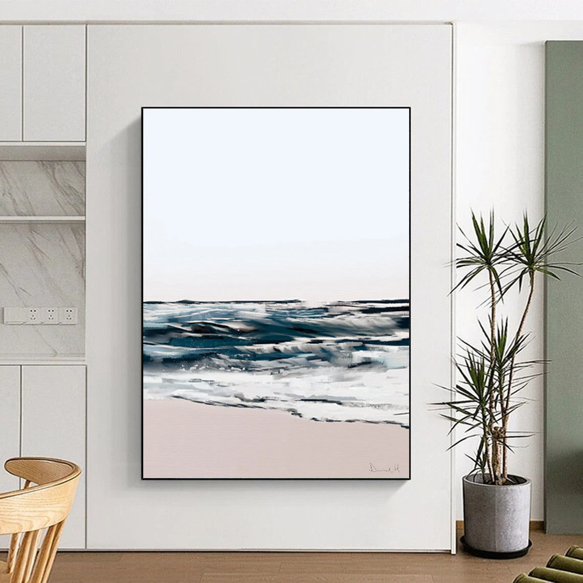Abstract Coastal Scene with Soft Tones and Fluid Brushstrokes Painting ADGE208