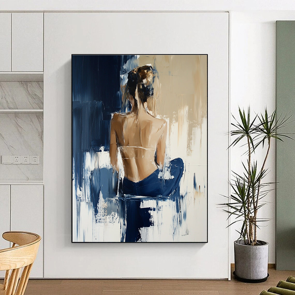 Abstract oil painting showcasing a woman in Hunkemöller collection with beige and navy blue tones and expressive brush strokes reminiscent of Richard Schmid.STSC175