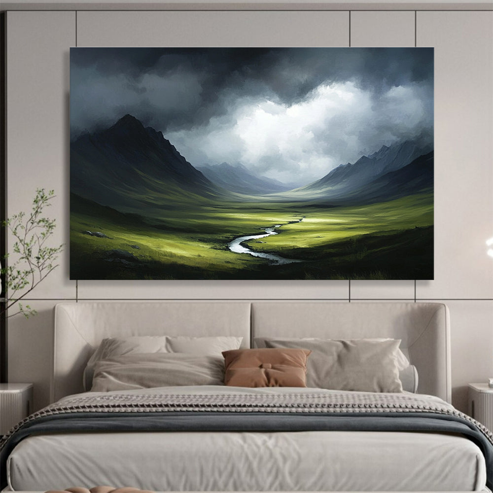 A large abstract painting of the Scottish Highlands featuring stormy skies and dark greenery in a painterly style reminiscent of Greg Rutkowski.SC607