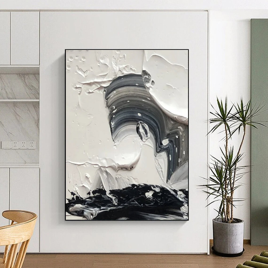 Monochrome Impasto Swirl Abstract Painting with Fluid Textures ADGE444