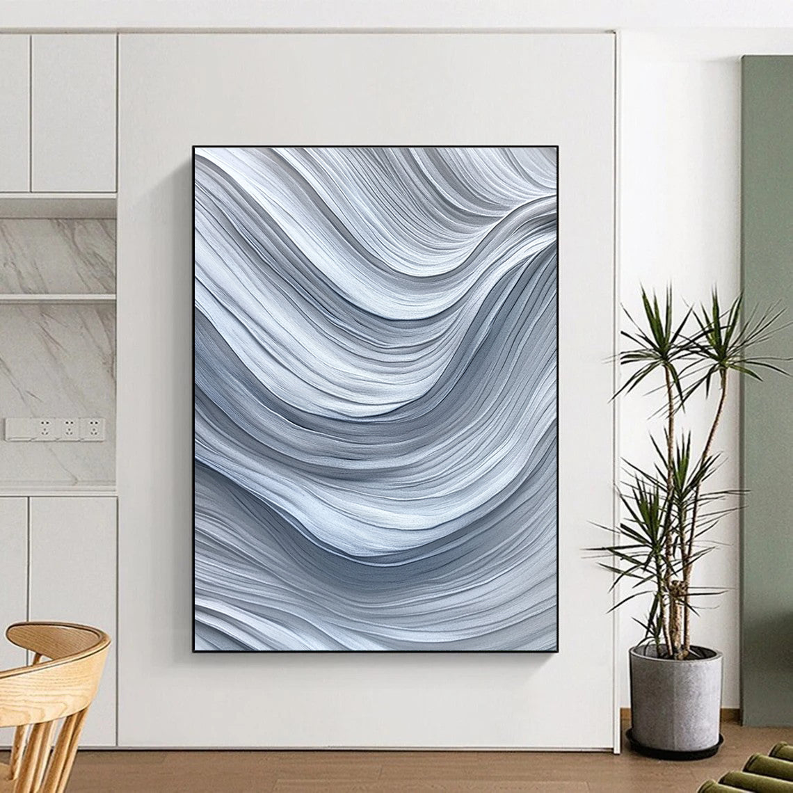 Gray and White Wave Abstract Painting with Flowing Textures GER075