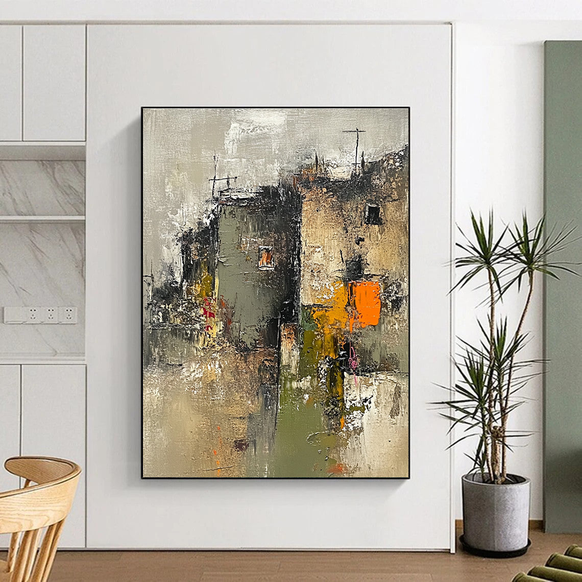 Large abstract painting of an old town with neutral grays greens beige orange and pink accents featuring loose brush strokes and a wabi-sabi aesthetic.STSC659