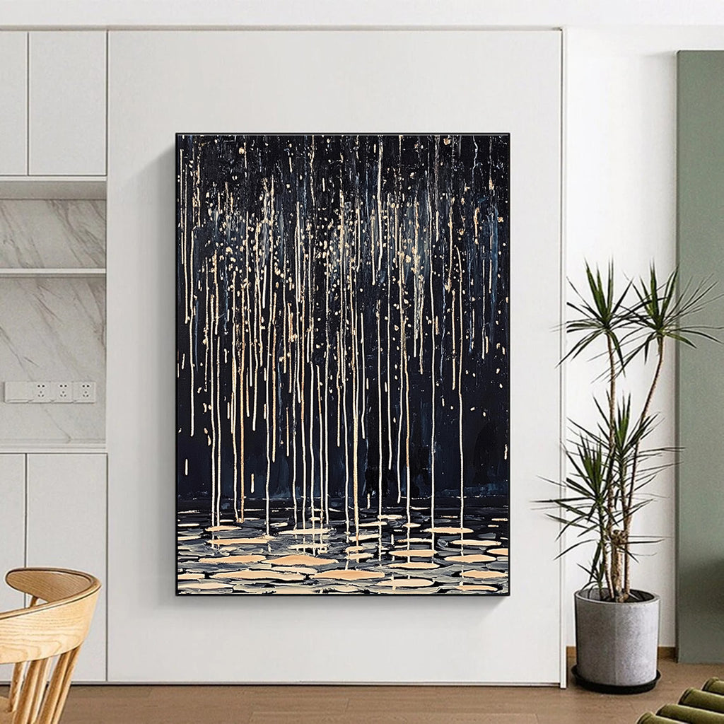 Abstract painting of dark rain with white and beige lines drips on water ripples using oil on canvas showcasing delicate textures and high-definition details.STSC1124