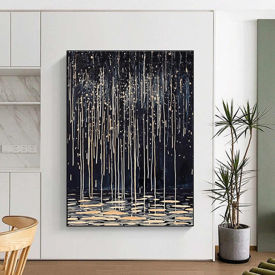 Abstract painting of dark rain with white and beige lines drips on water ripples using oil on canvas showcasing delicate textures and high-definition details.STSC1124