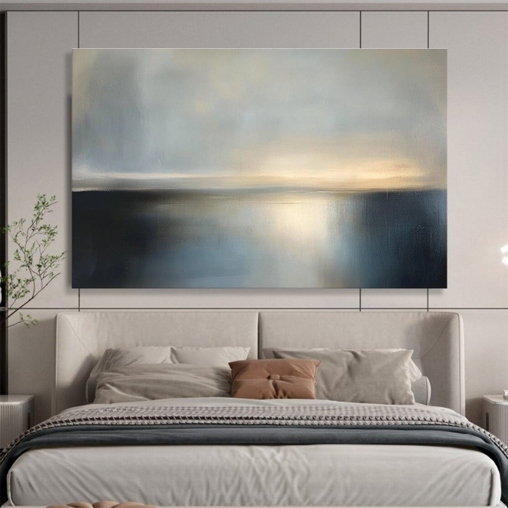 Large abstract painting featuring a tranquil dusk sky and sea in soft gray tones, evoking serene stillness with a minimalist style.SC079
