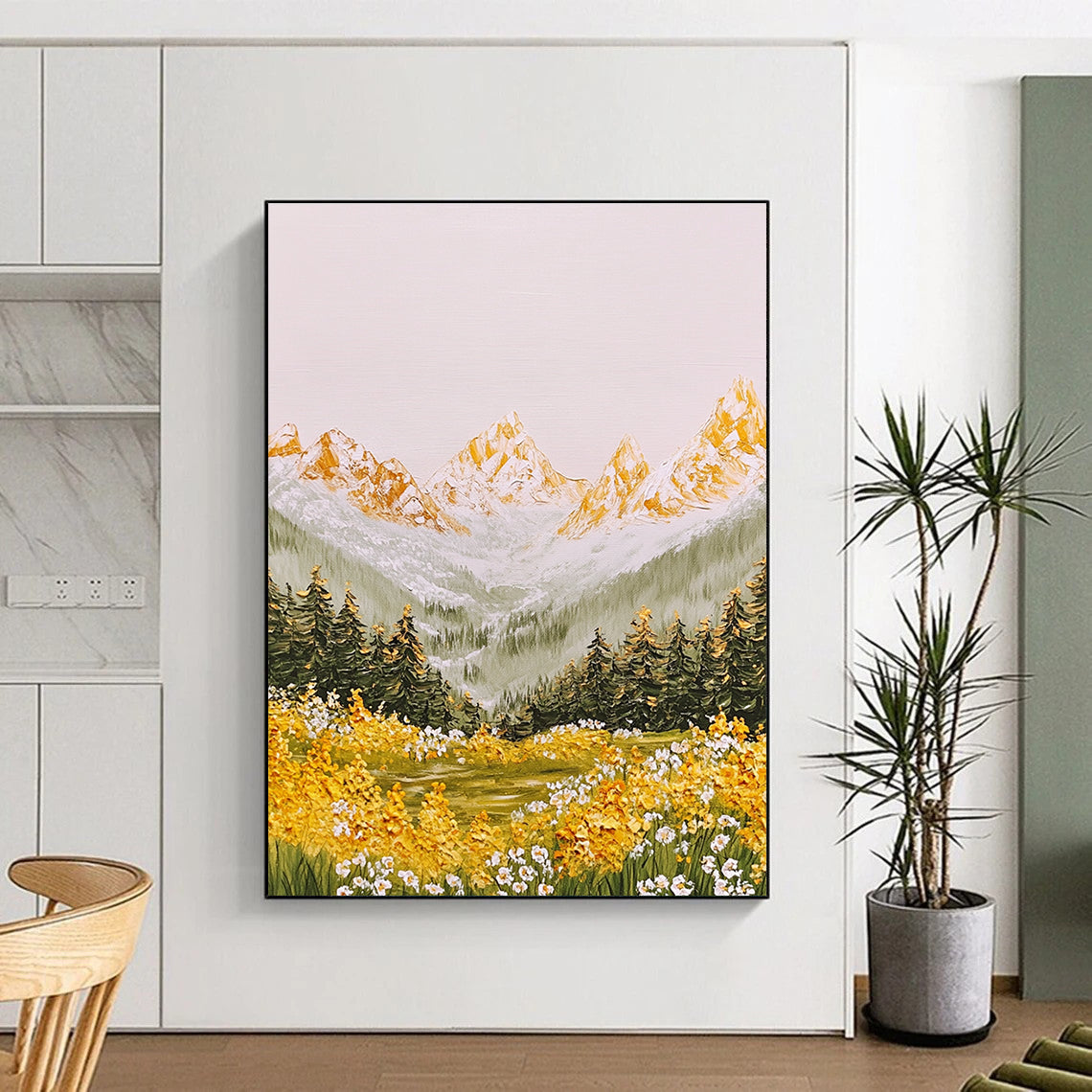 A large abstract painting of dreamy Alps with golden peaks green mountains flowers trees and bright sun in a light watercolor style.STSC1441