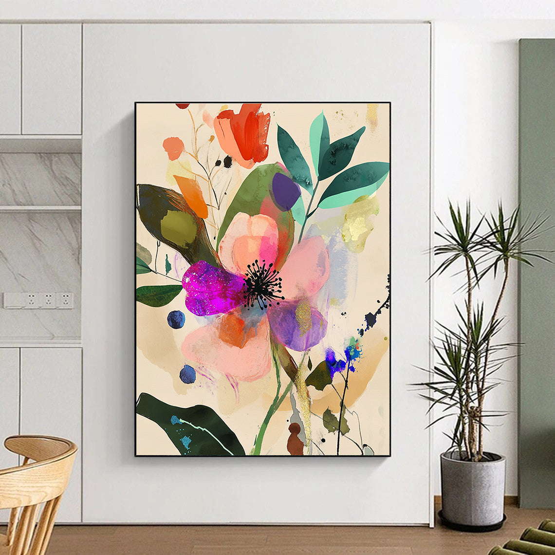 Large abstract watercolor painting featuring iridescent pink flower surrounded by floral patterns in pastel colors with organic shapes and black ink details.STSC1045