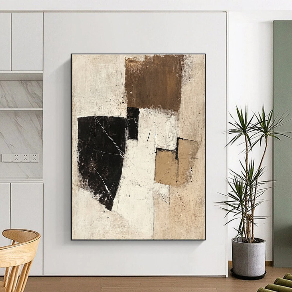 Large abstract painting in beige white and black featuring small brown squares and textured brush strokes evokes calmness and a mysterious spacecraft atmosphere.STSC738