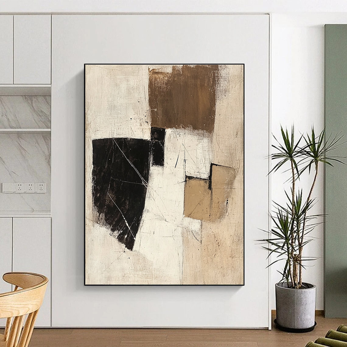 Large abstract painting in beige white and black featuring small brown squares and textured brush strokes evokes calmness and a mysterious spacecraft atmosphere.STSC738