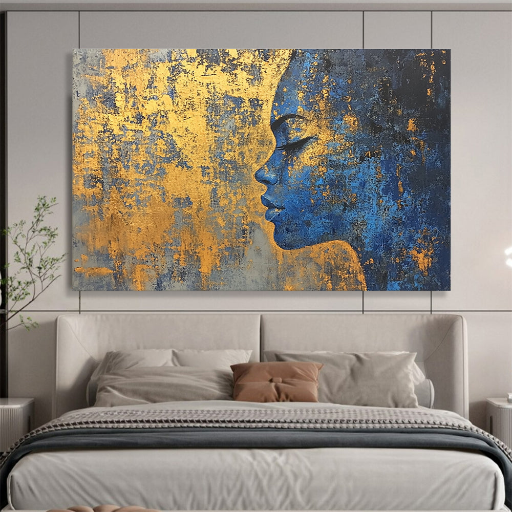 Large abstract painting of a golden city on textured canvas with a blue and gold palette featuring highlights of gold foil paint.SC171