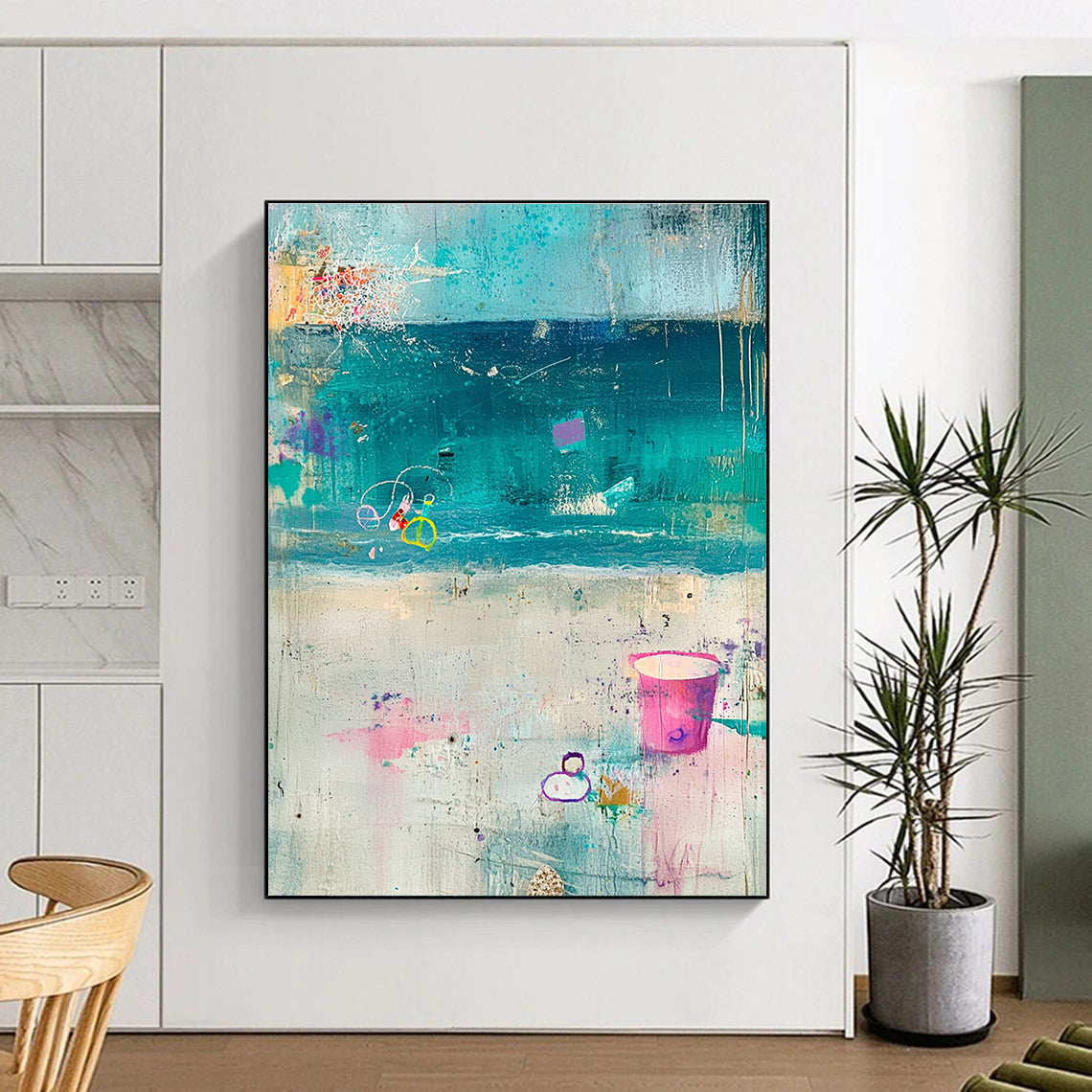 Large abstract painting featuring a pastel beach scene with elements of the sea sand and sky in soft tones set against a textured gray background.STSC1101