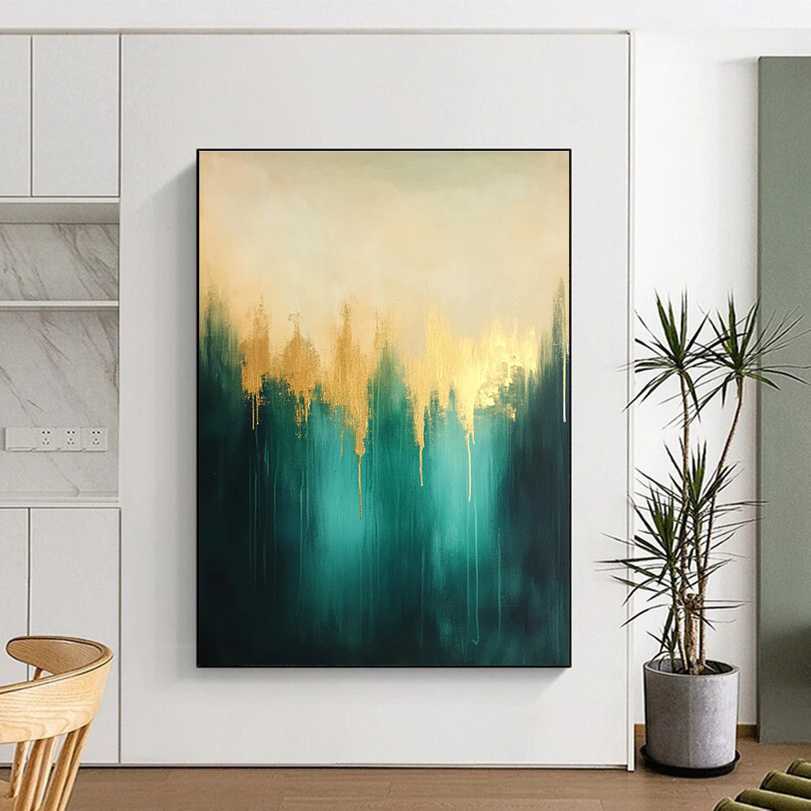 Teal and Gold Abstract Painting with Dripping Textures GER551