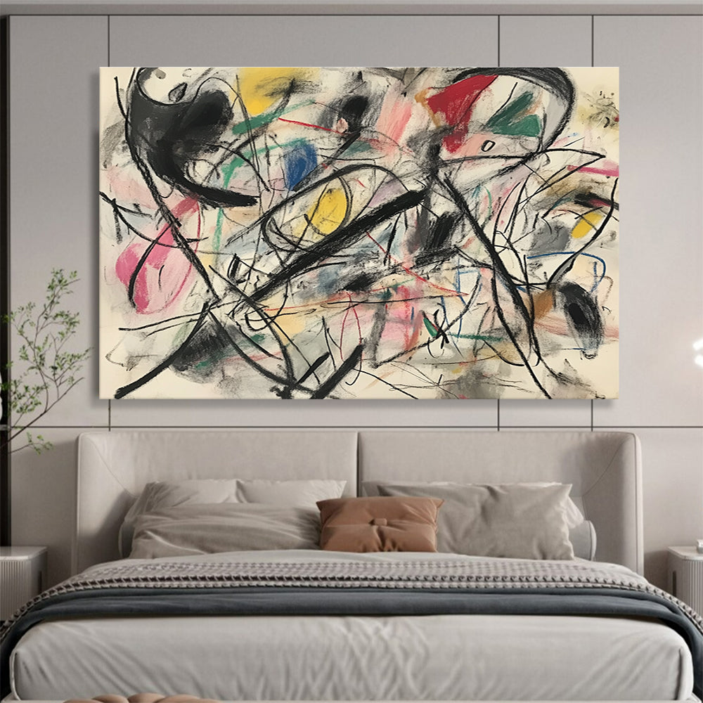 A large abstract painting featuring chaotic movement and energy with bold muted colors creating an exciting composition of fast-moving shapes and lines.SC303