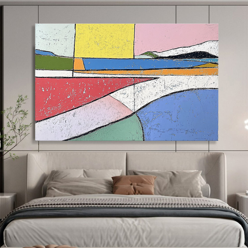 Large abstract painting in pastel colors featuring bold shapes and minimalistic design inspired by Etel Adnan and Henri Matisse.SC061